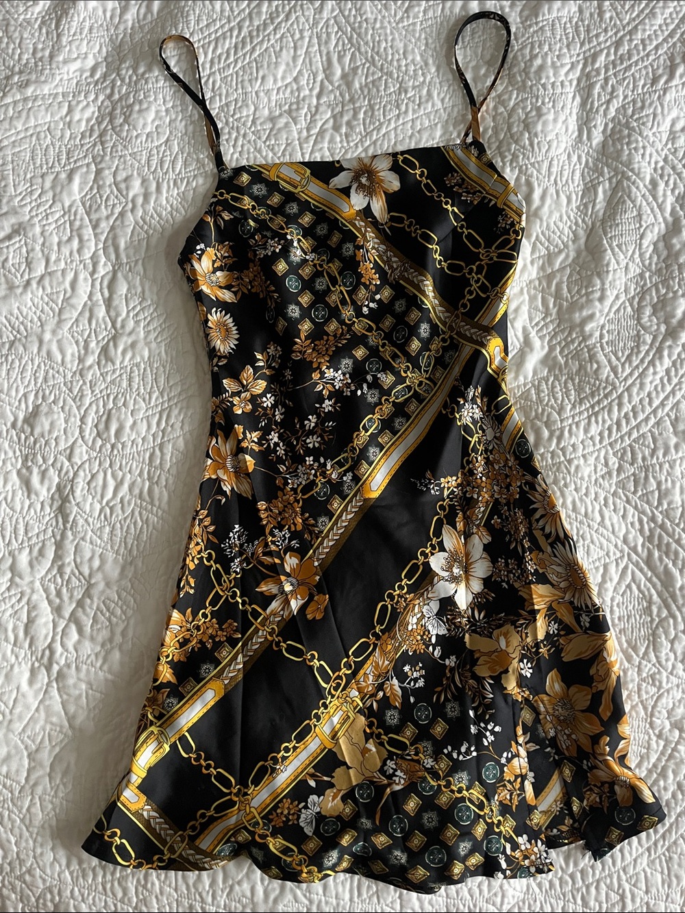 Black & Gold Floral Slip Dress - Elegant Women's Dress
